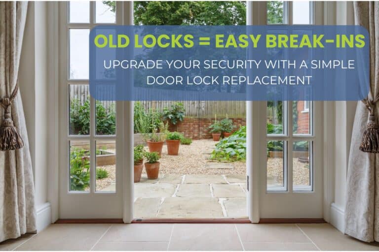 View through French doors to a peaceful garden highlights lock security. Patio Door Lock Replacement.