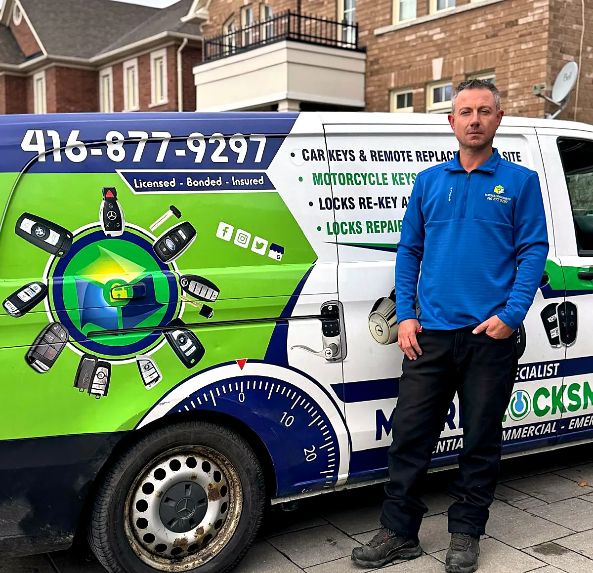 Dani, Matrix Locksmith lead locksmith, beside the Matrix mobile locksmith van on a Richmond Hill street